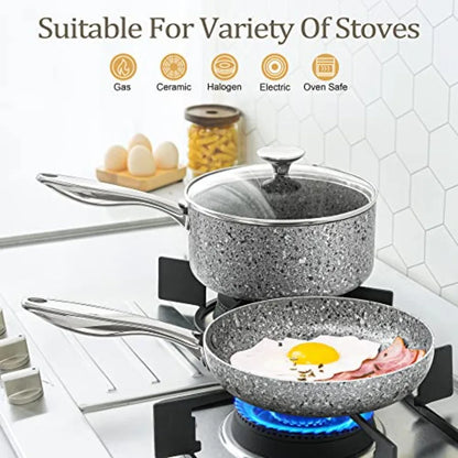 Stone Cookware Set 10 Piece Ultra Nonstick Pots and Pans with Stone-Derived Coating for Kitchen Use Granite Finish Black and Si