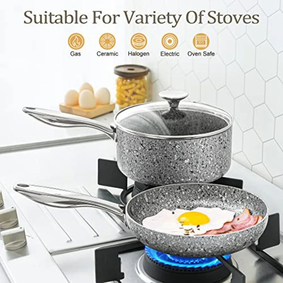 Stone Cookware Set 10 Piece Ultra Nonstick Pots and Pans with Stone-Derived Coating for Kitchen Use Granite Finish Black and Si
