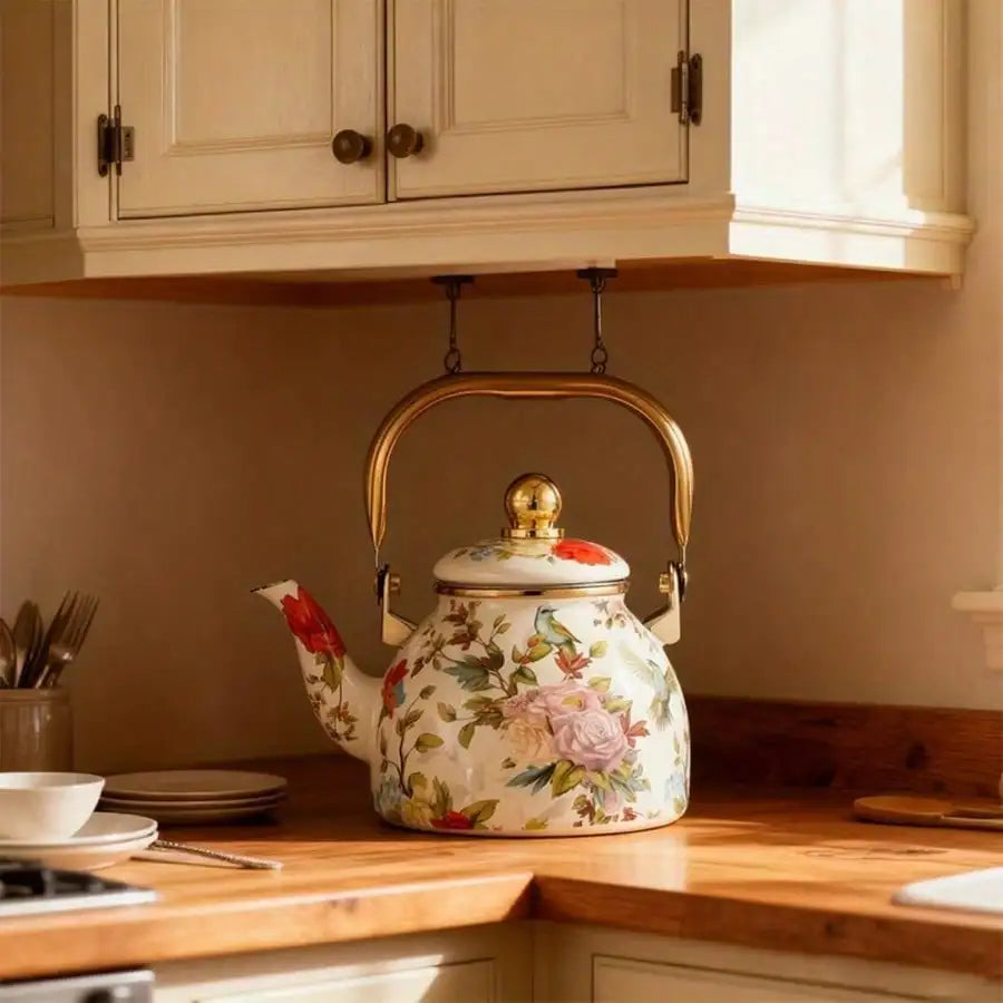 This Elegant Enamel Floral Pattern Kettle With A Gold Handle Is A Perfect Outdoor Kettle For Brewing Tea By The Fireplace. Made