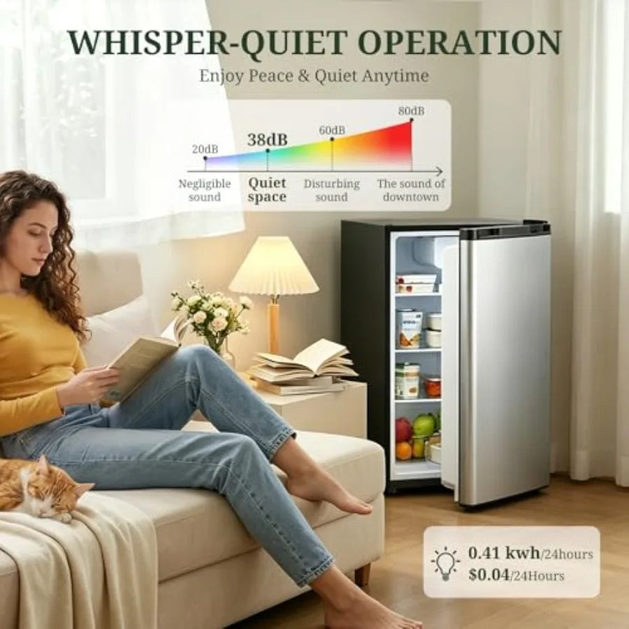 Mini fridge with freezer for bedroom, dorm, office, apartment: silver stainless steel, low noise energy efficient 0.41kWh/day,3