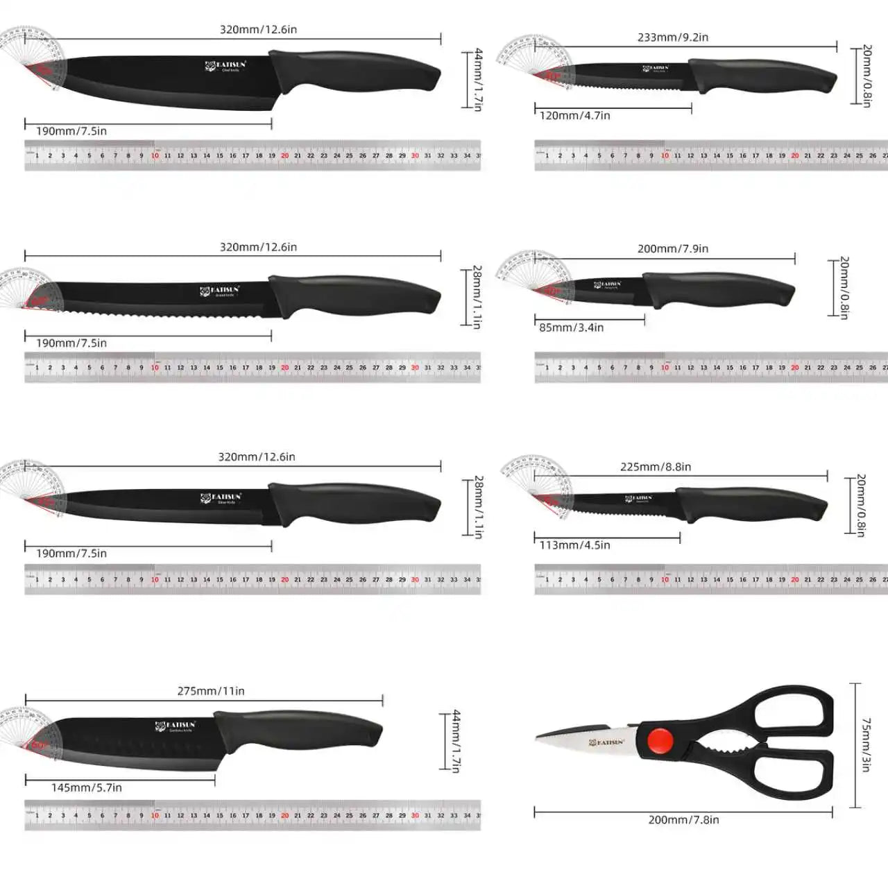 Katisun 15 Pieces Kitchen Knife Set with Block Cutting Board Sharpener German Steel Anti-Slip Handle 6 Steak Knives Black