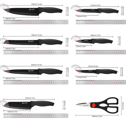 Katisun 15 Pieces Kitchen Knife Set with Block Cutting Board Sharpener German Steel Anti-Slip Handle 6 Steak Knives Black