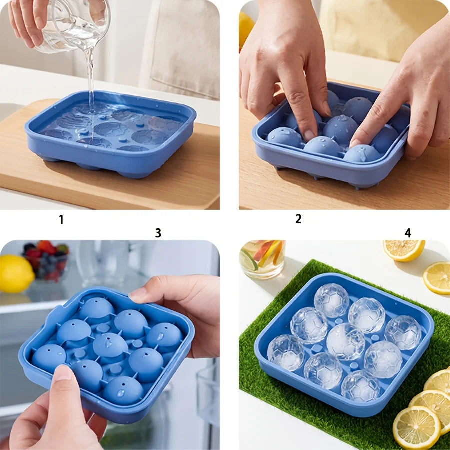 9-Hole Silicone Soccer Ball Cube of Ice Tray with Lid Round Ice Ball Mold for Whiskey for Home Bars And Sports-Themed Parties