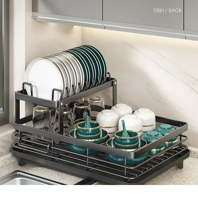 Kitchen Dish Drain Rack Plates Bowls Chopsticks Carbon Steel Storage Rack with Drain Board Sink Countertop Tableware Storage