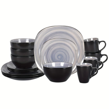 16pcs Square Tableware Set - Artfully Hand-Brushed, Colorful And Black-Trimmed Square Plates And Bowls Set, 4-Person Tableware S
