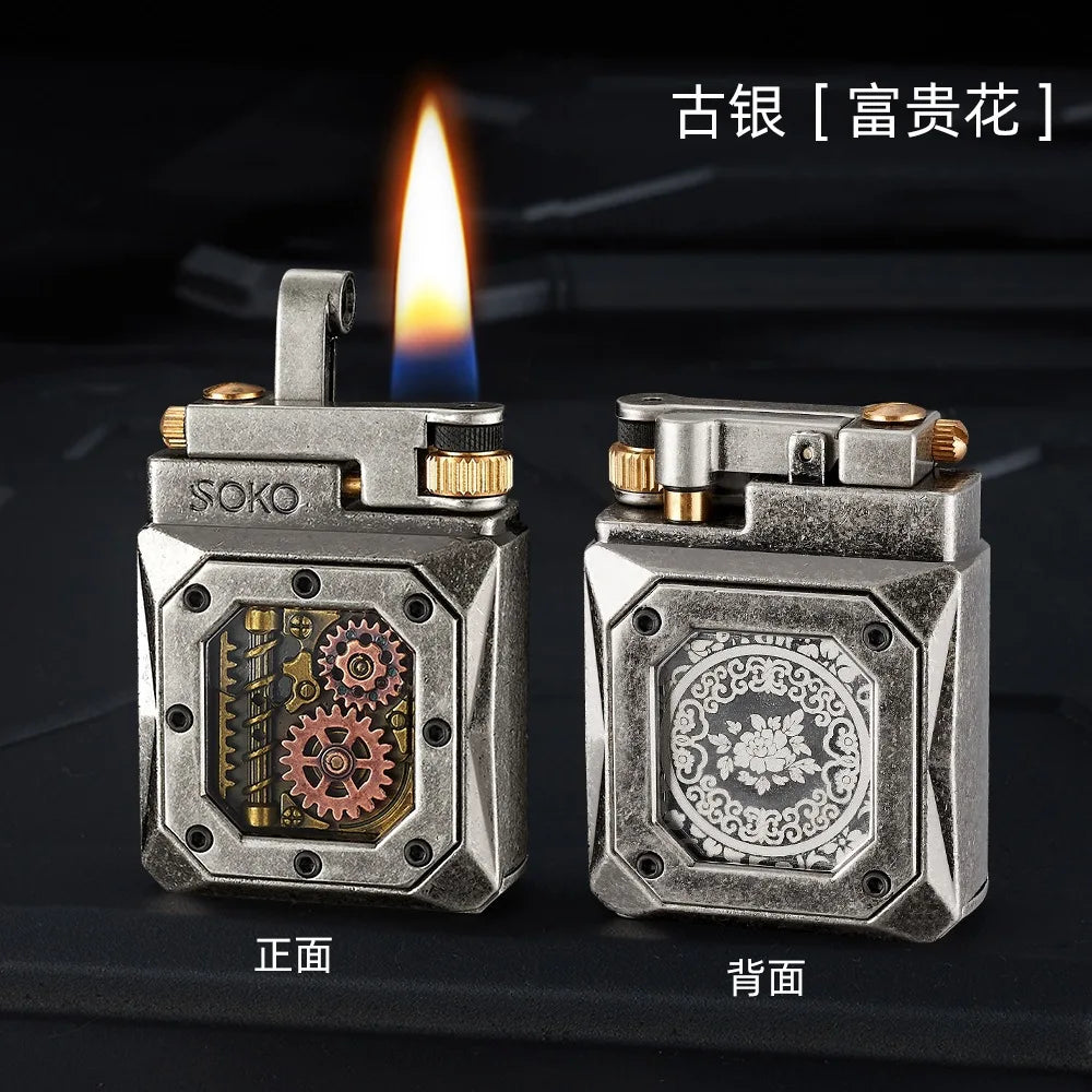 2026 Mechanical Style Press Open Cover Open Flame Kerosine Lighter Zinc Alloy Double sided Pattern Visual Oil Tank Lighters Gift