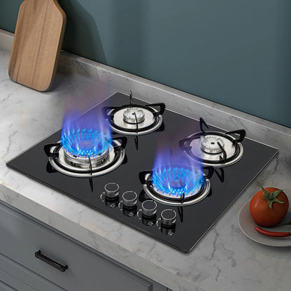 4 Burners LPG Gas Cooktop Black Tempered Glass Panel Cast Iron Stainless Steel Construction Polishing Process Built In Installation US Standard Plug 110V 2800Pa Working Pressure Four Multi Power Burners Household Commercial G