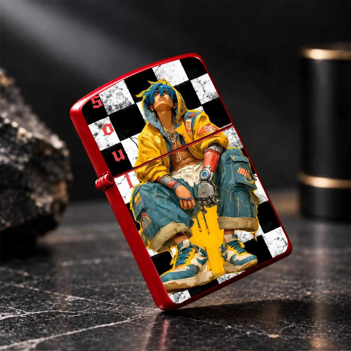 Stylish Cyber Blue-Haired Mechanical Themed Lighter, Black White Checkerboard Art Print Decor, Portable Ignition Tool For Camping Hiking Daily Gathering, Creative Unique Trendy Gift For Friends And Hobbyists, Versatile Practi