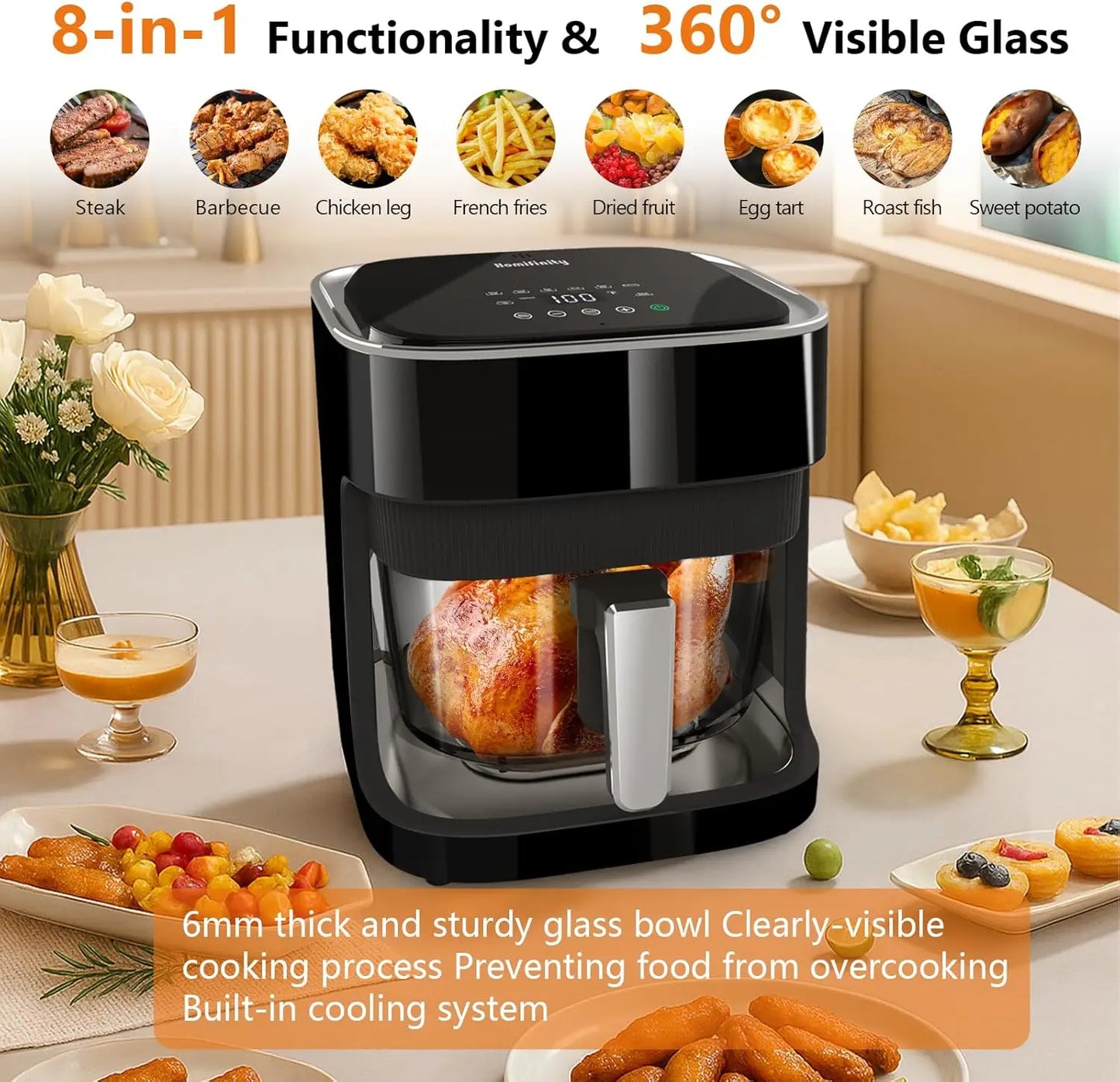 4.5 Qt Glass Air Fryer, Borosilicate Basket, Stainless Steel Tray, 8 Presets, Black