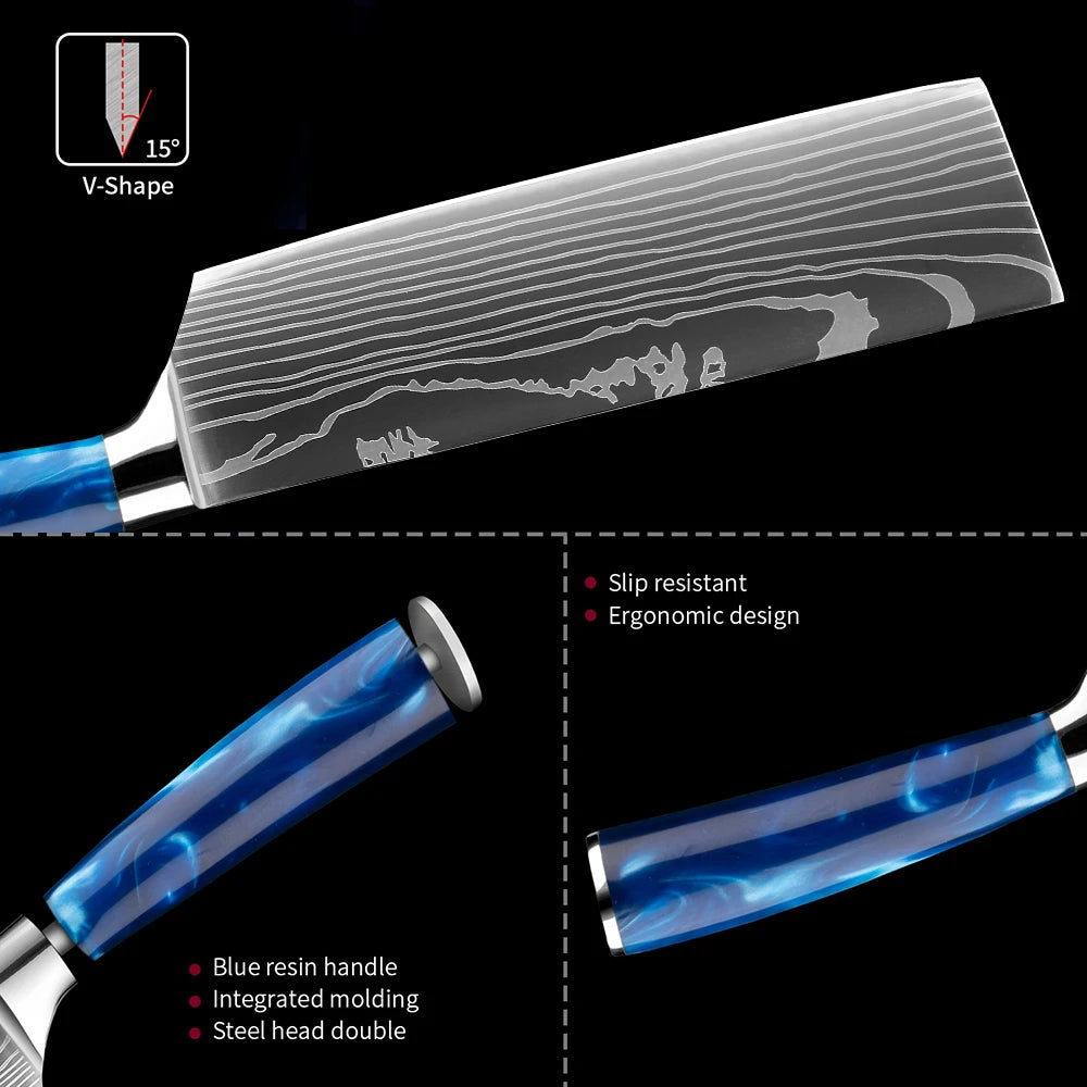 Stainless Steel Chef Knife Kitchen Knife Set 1-8Piece Razor-Sharp Paring Knife, Boning Knife, Santoku Knife, Blue Resin Handle