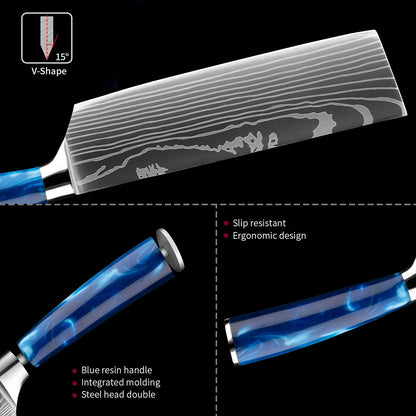 Stainless Steel Chef Knife Kitchen Knife Set 1-8Piece Razor-Sharp Paring Knife, Boning Knife, Santoku Knife, Blue Resin Handle