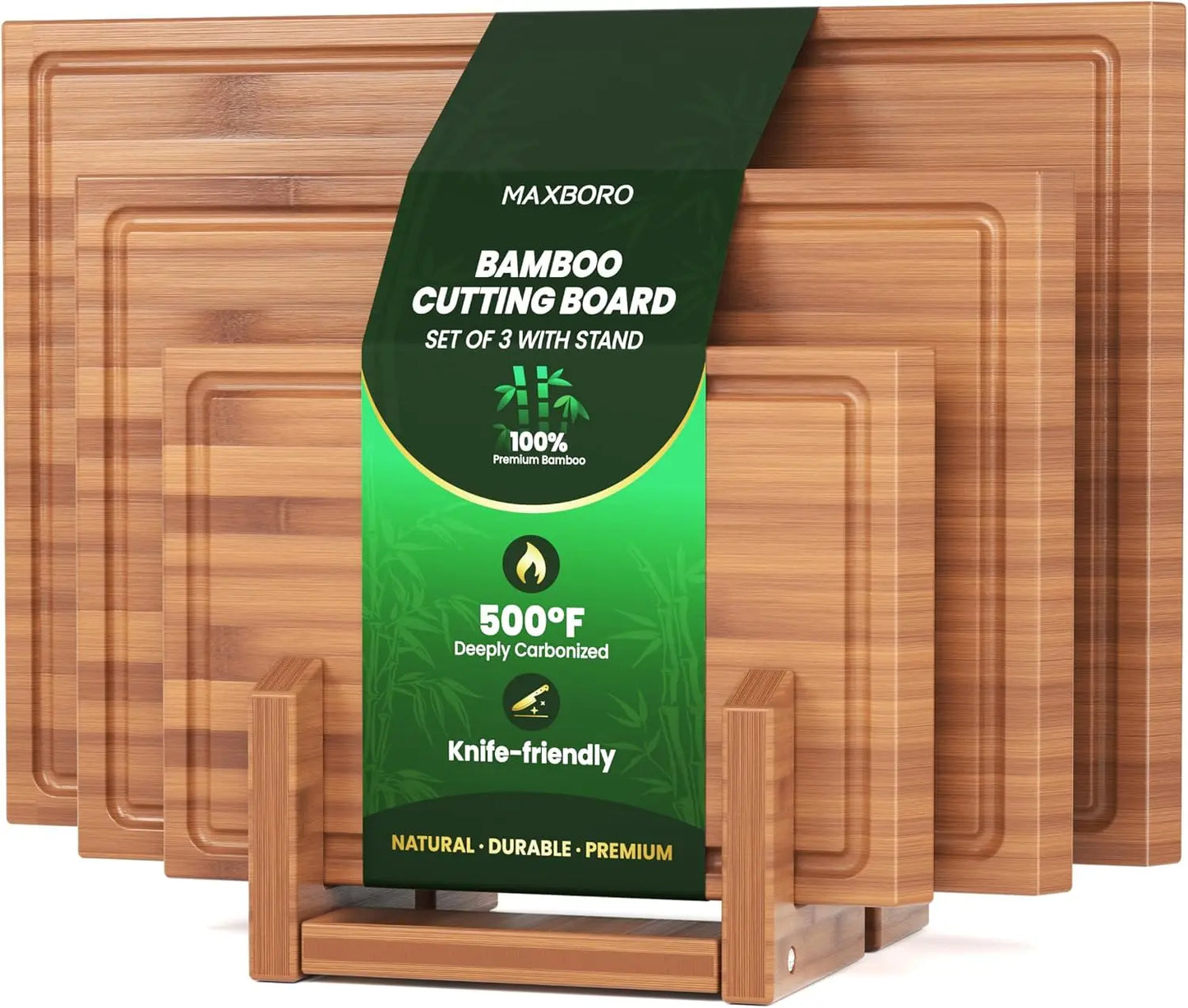 Bamboo Cutting Board Set With Stand, 3PCS Double-Sided Chopping Boards For Kitchen Meal Prep & Serving, Charcuterie, Juice Groov