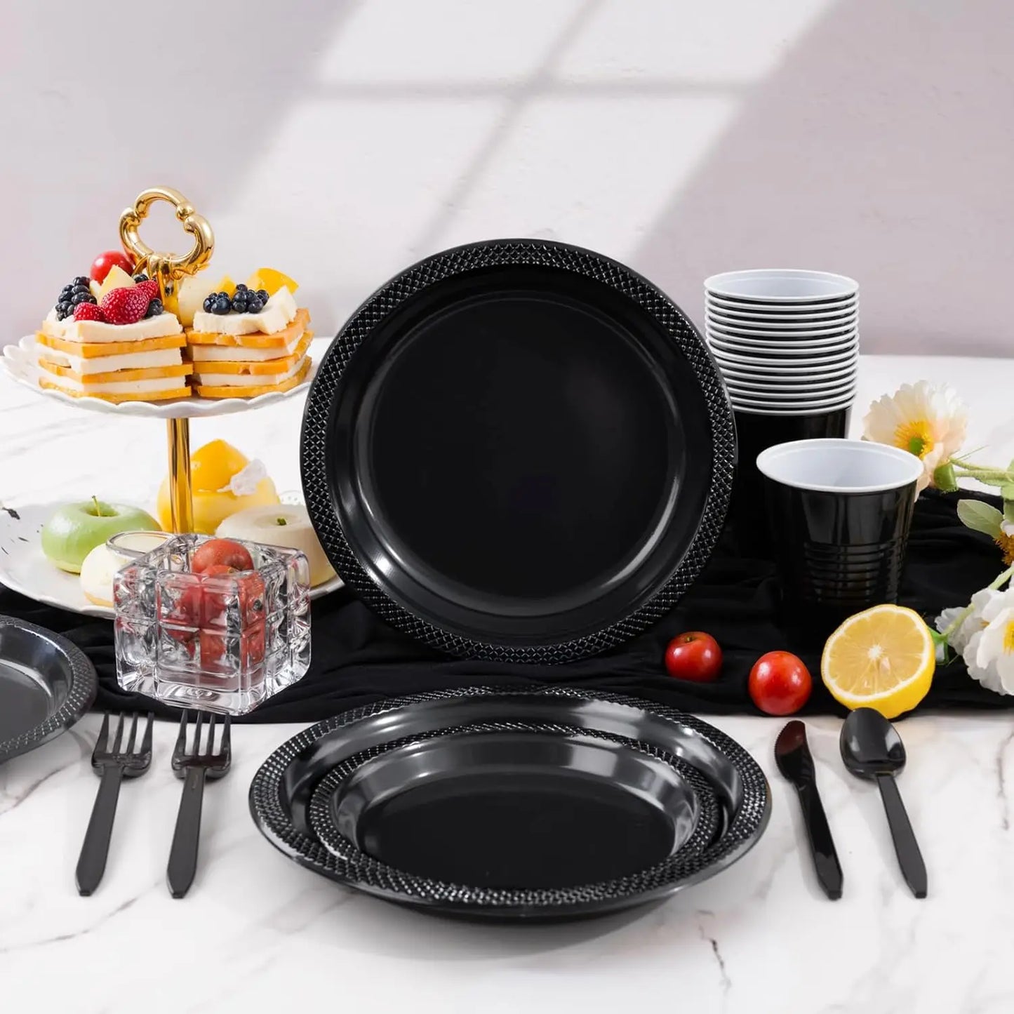210 PCS Black Plastic Plates for 30 Guests - Disposable Dinnerware Set Including Dinner Plates, Dessert Plates, 12oz Cups, Cu
