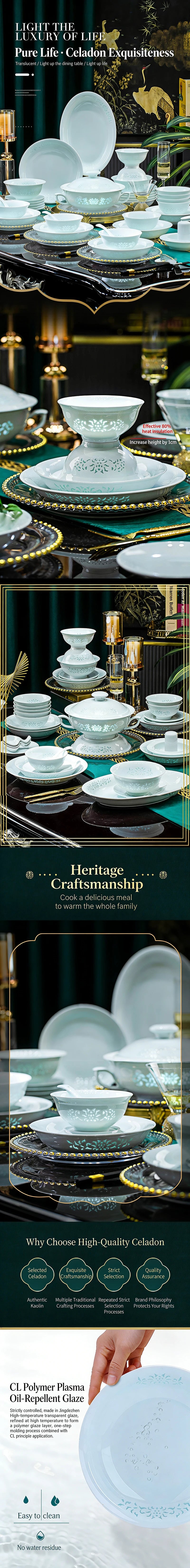 Celadon Dinnerware Set 22/40/70pcs Linglong Ceramics Dish Sets Full Set Luxury China Tableware Set For 4/6/10 Persons Dinner Set