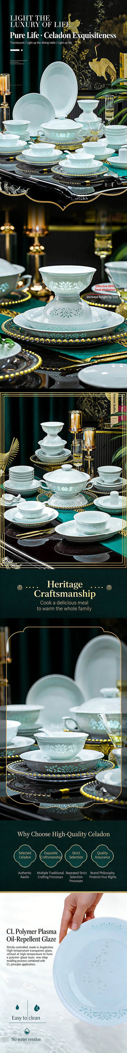 Celadon Dinnerware Set 22/40/70pcs Linglong Ceramics Dish Sets Full Set Luxury China Tableware Set For 4/6/10 Persons Dinner Set