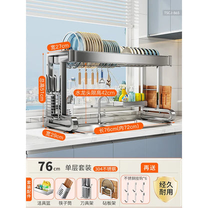 304 Stainless Steel Sink Storage Rack 2 Layers Kitchen Shelf Multifunctional Bowl Dish Drain Basket Space Saving Organize Shelf