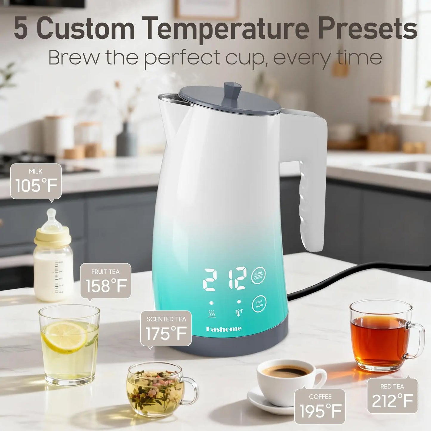 Electric Kettle Temperature Control, 1.25L Electric Tea Kettle, 2 H Keep Warm Hot Water Boiler with 5 Presets, LED Screen Electric Kettles for Boiling Water, Boil-Dry Protection