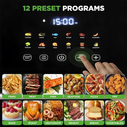 Large 6.3 Quart Air Fryer, 12 Preset Functions with Tenderizing, Digital Display & Transparent Window