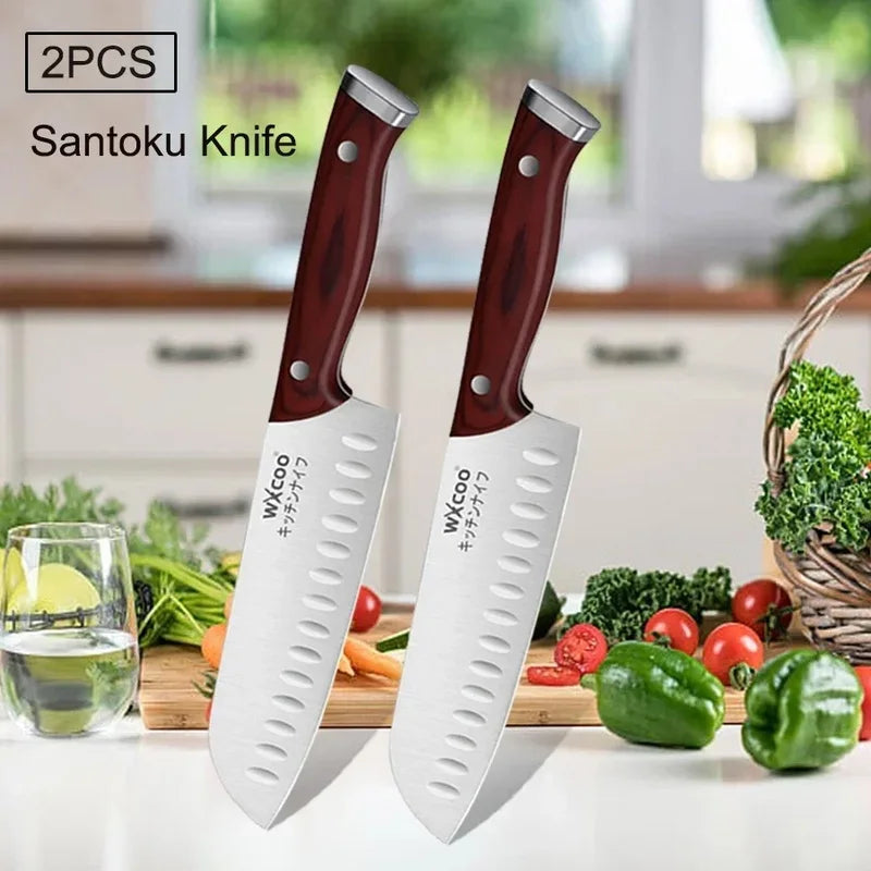 WXCOO 1-5pcs Professional Kitchen Knife Set Ultra Sharp Chef's Knife Meat Cleaver Fruit Slicing Stainless Steel Cutting Board