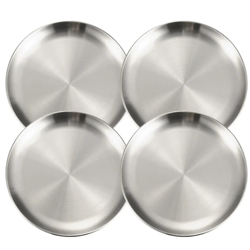 4Pcs Stainless Steel Plate Tray, Dining Tray, Steak Plate, Barbecue Plate, Korean Stainless Steel Circular Barbecue Plate