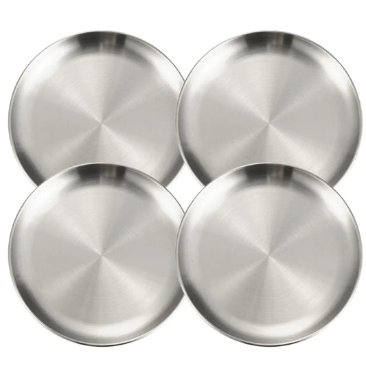 4Pcs Stainless Steel Plate Tray, Dining Tray, Steak Plate, Barbecue Plate, Korean Stainless Steel Circular Barbecue Plate