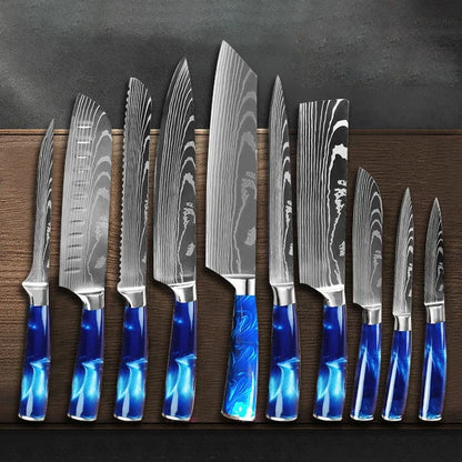 Damascus Pattern Knives Set Stainless Steel Chef Knife Japanese Santoku Knife Boning Knife Meat Cleaver Household Bread Knives