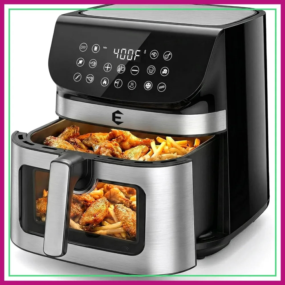 9.5Qt Large Air Fryer Oven, 12 Digital Presets, Non Toxic Stainless Steel, Viewing Window, XL Basket for Family