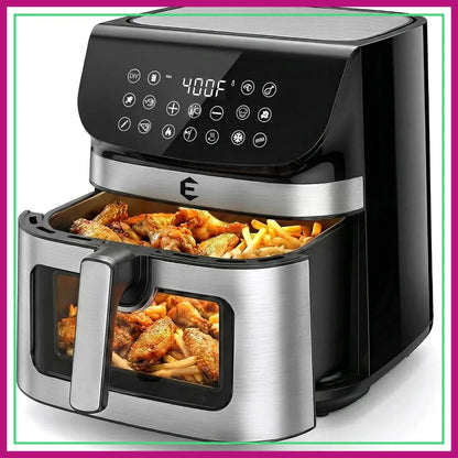 9.5Qt Large Air Fryer Oven, 12 Digital Presets, Non Toxic Stainless Steel, Viewing Window, XL Basket for Family