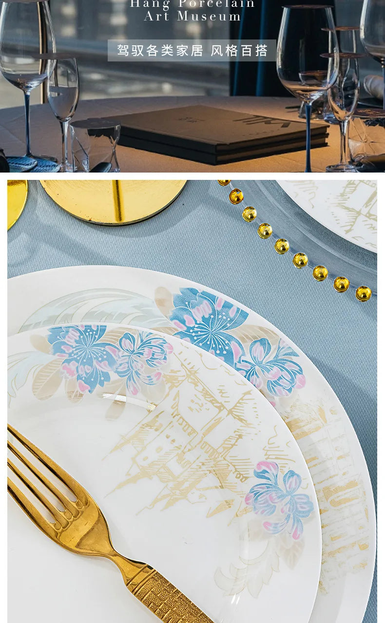 Bone china food utensils marble dinner set luxury dinnerware kitchen bowl plates dinner sets table set ceramic vintage