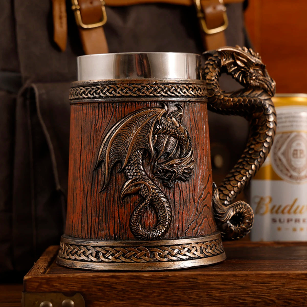 2024 New Medieval Large Dragon Barrel Beer Stein Tankard Coffee Cup Mug Resin Stainless Steel Insert Tankard for Halloween Gift