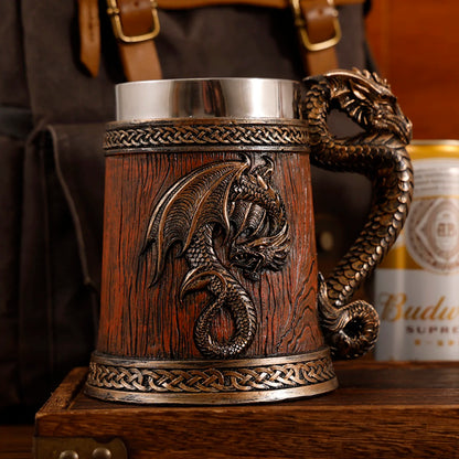 2024 New Medieval Large Dragon Barrel Beer Stein Tankard Coffee Cup Mug Resin Stainless Steel Insert Tankard for Halloween Gift