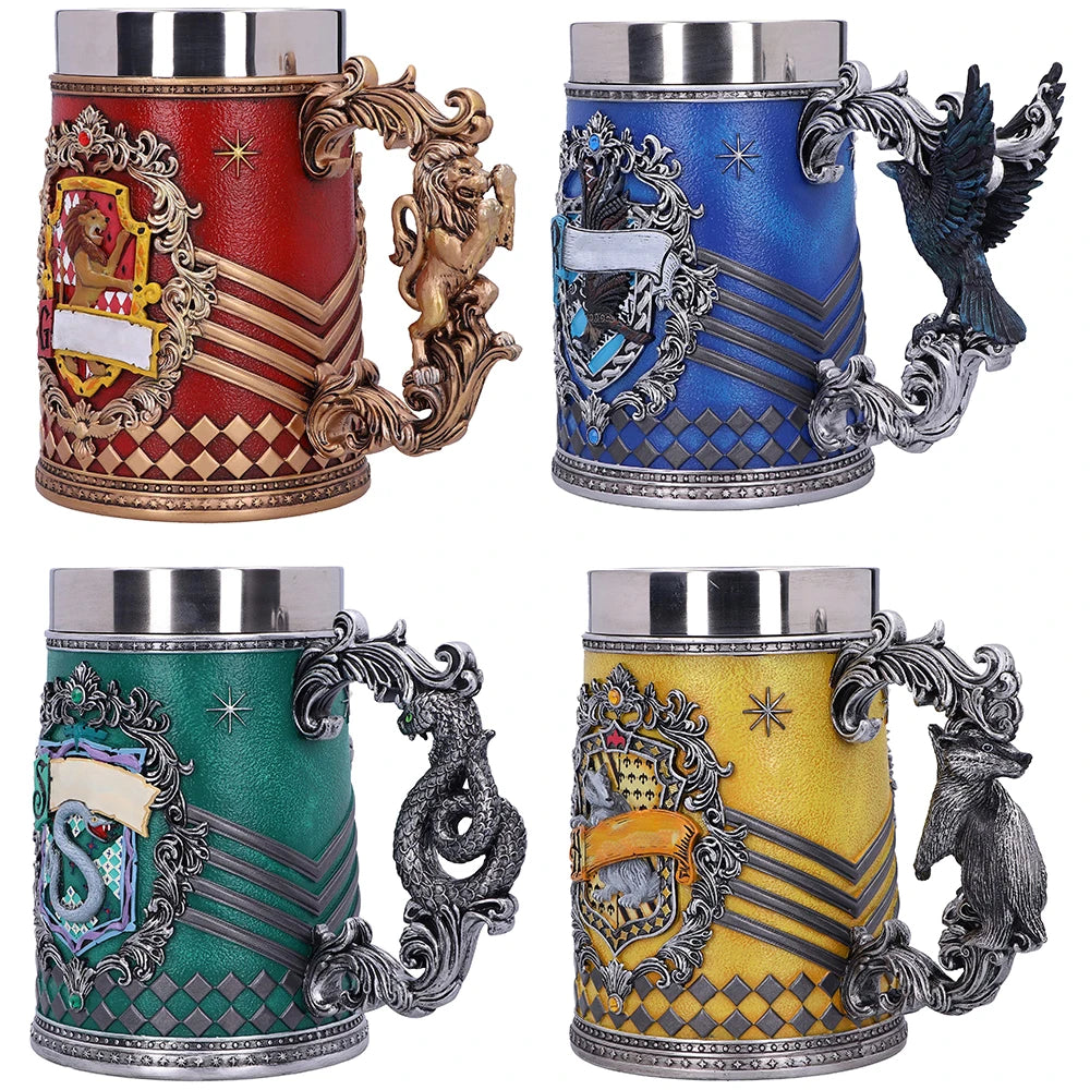 Vintage Medieval Heraldic Crest Beer Mug Lion Eagle Snake Badger Sculpture Handle Resin Stein Mug with Stainless Steel Liner