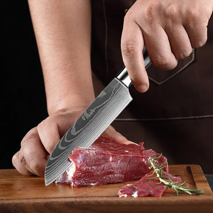 WXCOO 1~3 Pcs Knife Kitchen Utility Damascus Laser Santoku Japanese Chef Cleaver Slicing Wooden Handle Kitchen Accessories