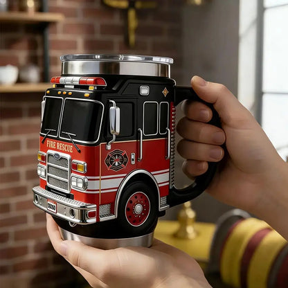 Fire Rescue Coffee Mug, Retro 3D Fire Truck Coffee Mug, Personalized Stainless Steel Wall Insulation Mug New Year Gifts for Mens