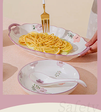 Flower, Underglaze Color, Ceramic Tableware, Bowl and Plate Combination