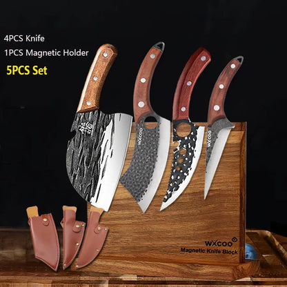 WXCOO Kitchen Knife for Cooking BBQ Lamb Beef Meat Cleaver Fruit Slicing Hand forged Butcher Knife Magnetic Knife Holder Set