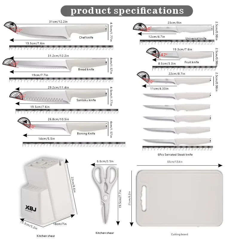 15 Pcs Stainless Steel Kitchen Knife Set with Block & Cutting Board, Ultra Sharp Chef Knives for Home Cooking