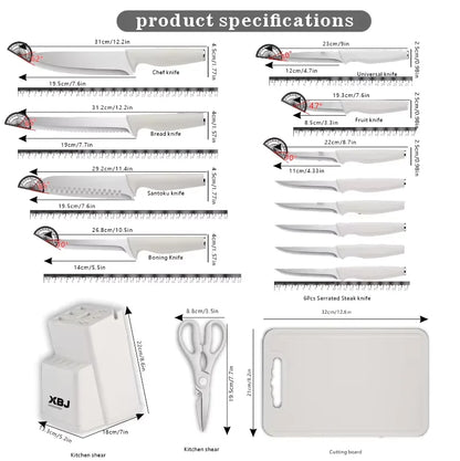 15 Pcs Stainless Steel Kitchen Knife Set with Block & Cutting Board, Ultra Sharp Chef Knives for Home Cooking