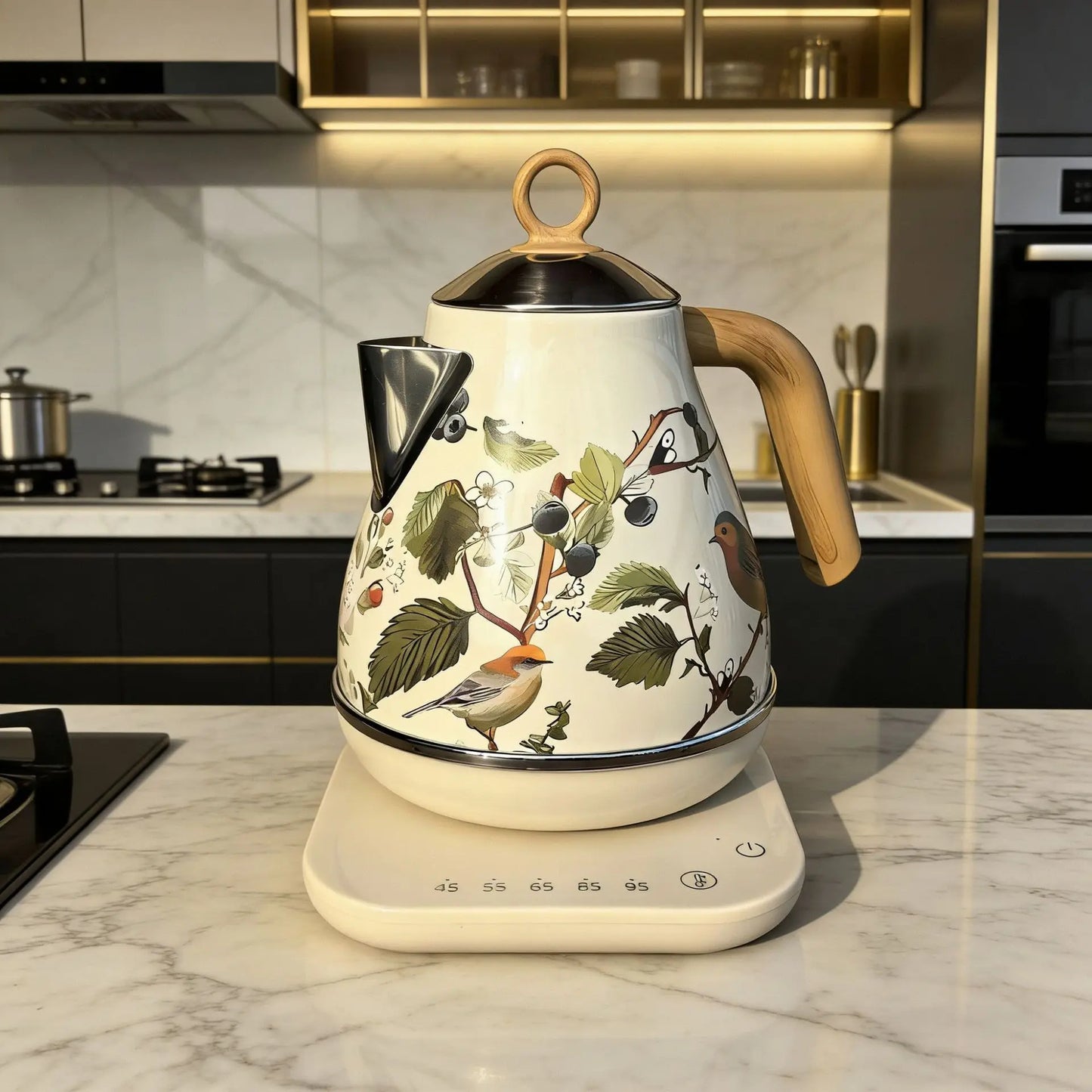 1.7L Retro Decal Electric Kettle Wood Grain Handle 304 Stainless Steel Temperature Control Teapot Home Auto Keep Warm Kettle