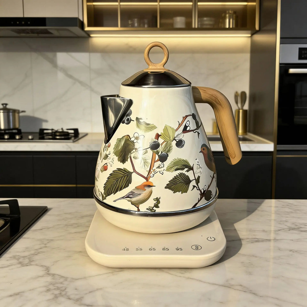 1.7L Retro Decal Electric Kettle Wood Grain Handle 304 Stainless Steel Temperature Control Teapot Home Auto Keep Warm Kettle