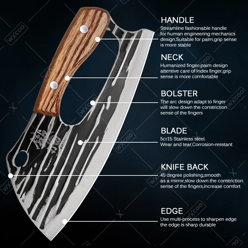 WXCOO Handmade Forged Knife Butcher Cleaver Knife Meat Cutting Japanese Kitchen Pork Bone Shaving Knives Boning Knife