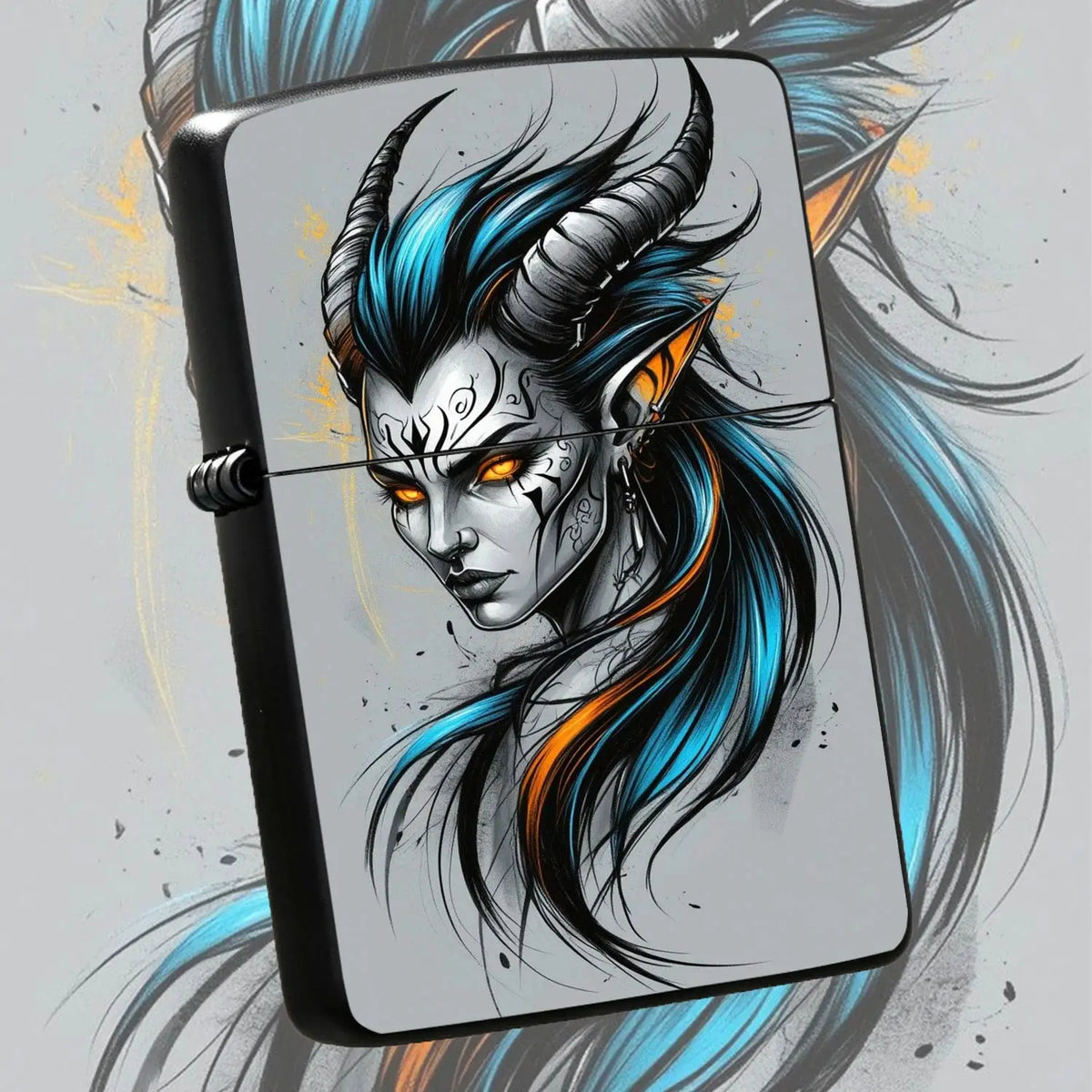 Stylish Tiefling Character Portable Igniter, Bold Cyan Orange Contrast Dark Fantasy Themed Accessory, Fits All Daily Scenarios, Ideal Unique Present For Friends And Hobbyists, Combines Decor Display And Practical Usage A Humo