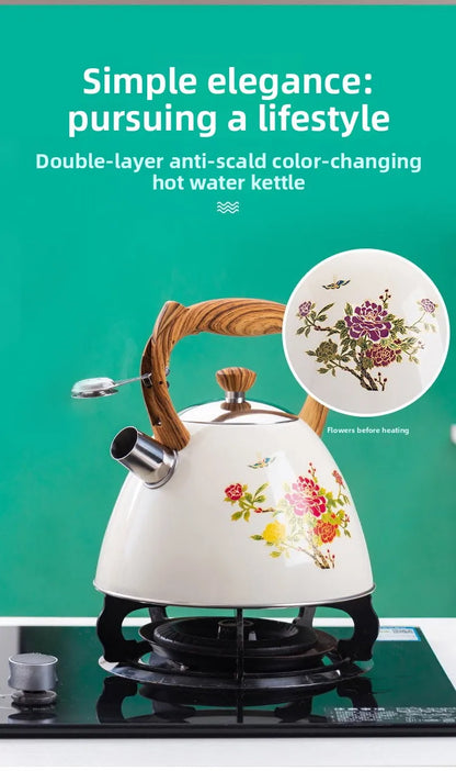 3L Color-Changing Flower Whistling Kettle, Stainless Steel Visual Alert When Water Boils, for Induction & Gas