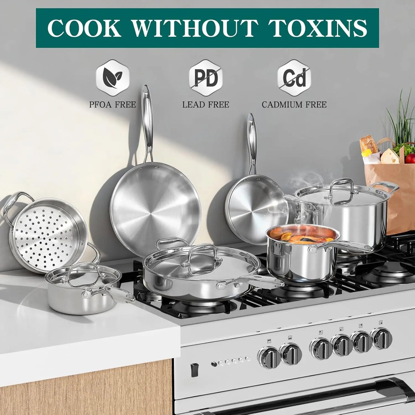 11 Piece Stainless Steel Cookware Set, 3 Ply, Induction Compatible, Oven & Dishwasher Safe