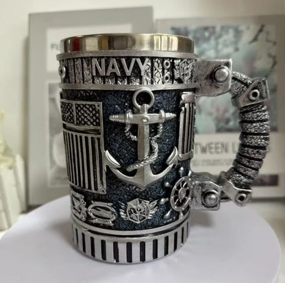 1pcs Army Military Beer Mug Resin Stainless Steel Men Birthday Gift Coffee Navy Cup Air Force Anchor Plane Wine Mugs Wine New