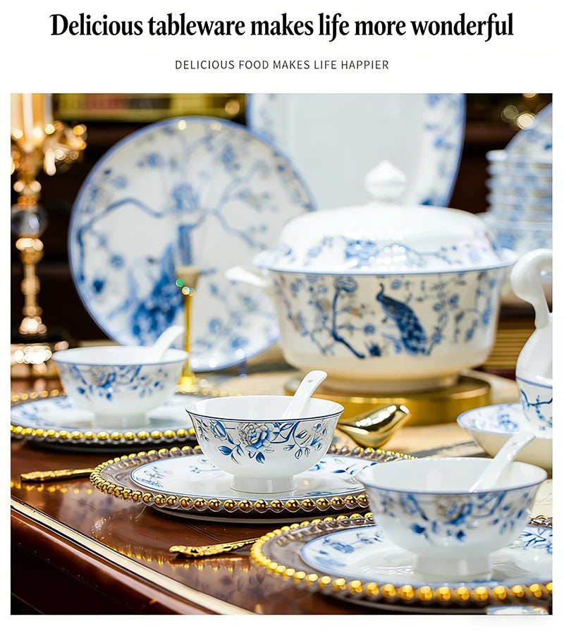 Blue And White Porcelain Tableware Set 18/28/56/30pcs Ceramics Dish Sets Full Set Luxury China Dinnerware Set For 4/6/10 Persons
