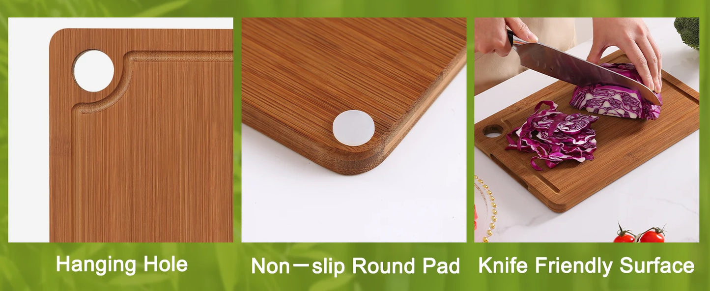 Tool And Gadget Sets - Bamboo Cutting Boards for The Kitchen - Three-Piece Wooden Cutting Boards with Juice Slot, Side Handles And Non-Slip Pads - Suitable for Meat, Vegetables And Fruits - Ideal Kitchen Gift - Suitable for V
