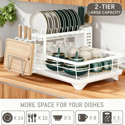 2-Tier Carbon Steel Dish Drying Rack for Kitchen Counter, Large Capacity Dish Drainer with 360° Swivel Spout, Rust-Proof Utensil & Cutting Board Holder