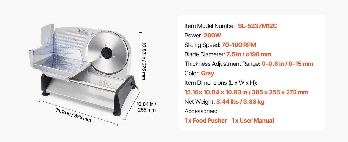 SucceBuy 6.7-8.7inch Meat Slicer Electric Deli Slicer Machine with two SUS420 Blades Food-Slicer for Meat Ham Baguett, Steak