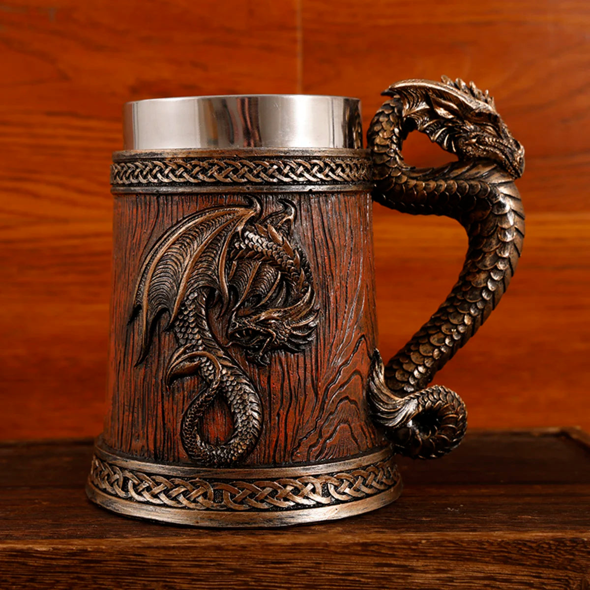 2024 New Medieval Large Dragon Barrel Beer Stein Tankard Coffee Cup Mug Resin Stainless Steel Insert Tankard for Halloween Gift